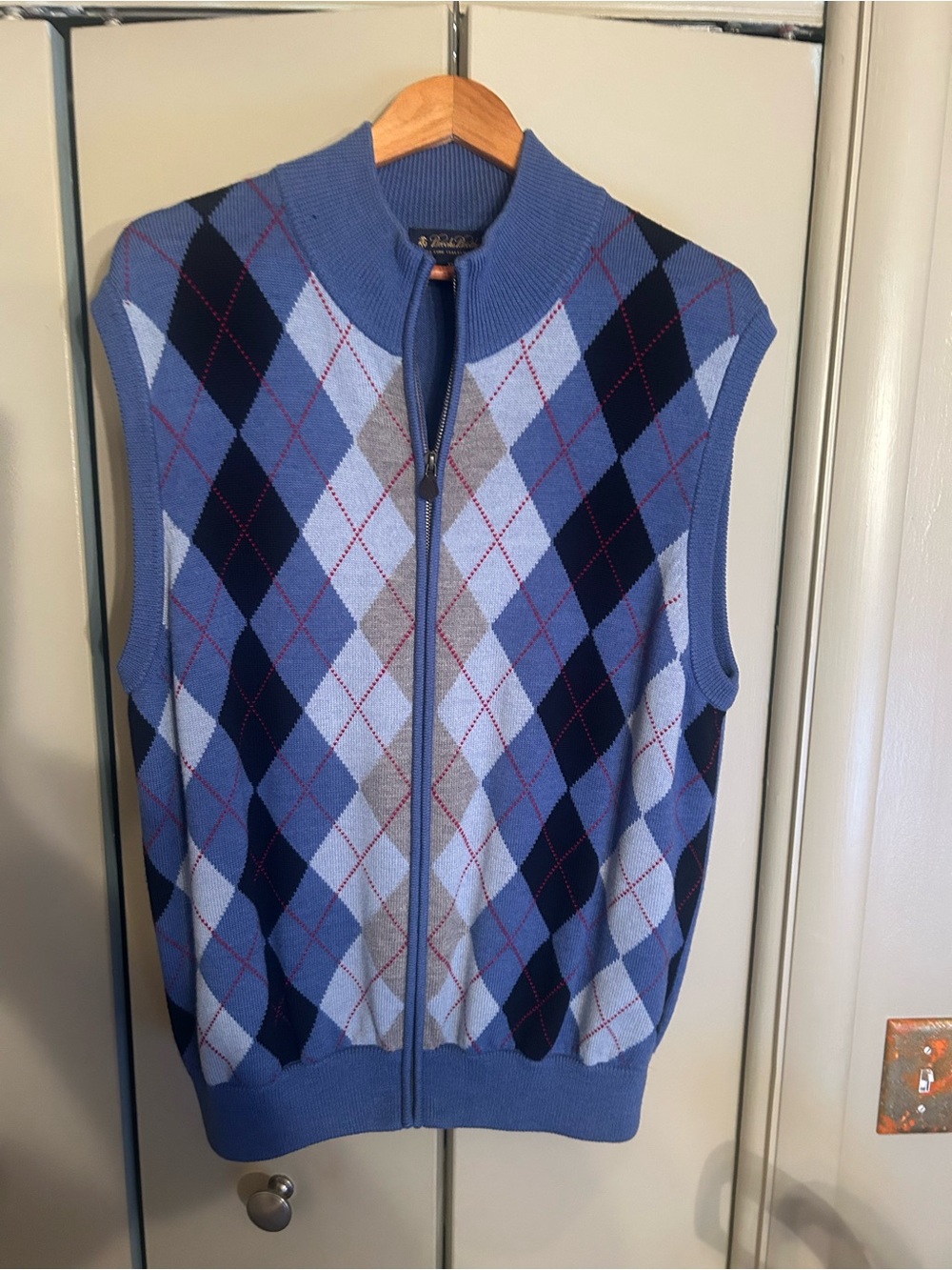 Brooks Brothers Light and Navy Blue Argyle Zip Sweater Vest